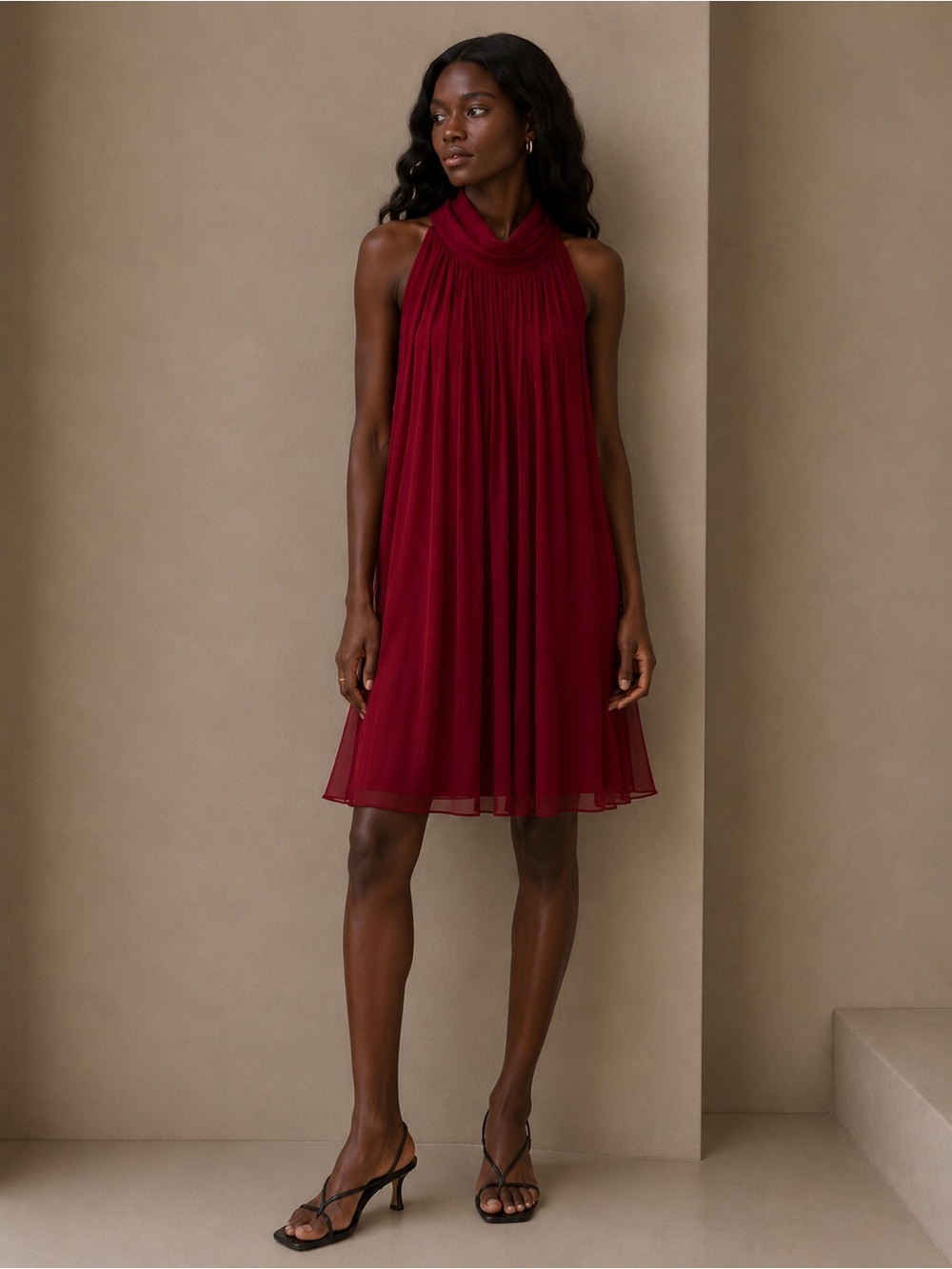 Aakaa Red Chiffon Halter Swing High Neck Cocktail Dress Size Small